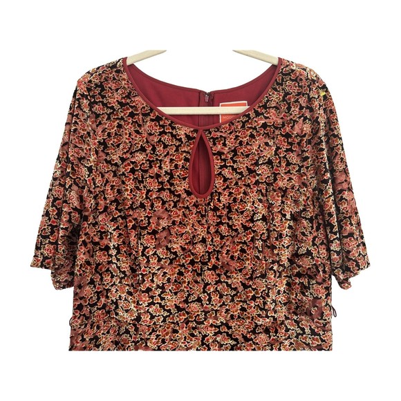 ModCloth Present the Event Burnout Velvet Fit Flare Dress 2X Brown Red Floral - Picture 2 of 13